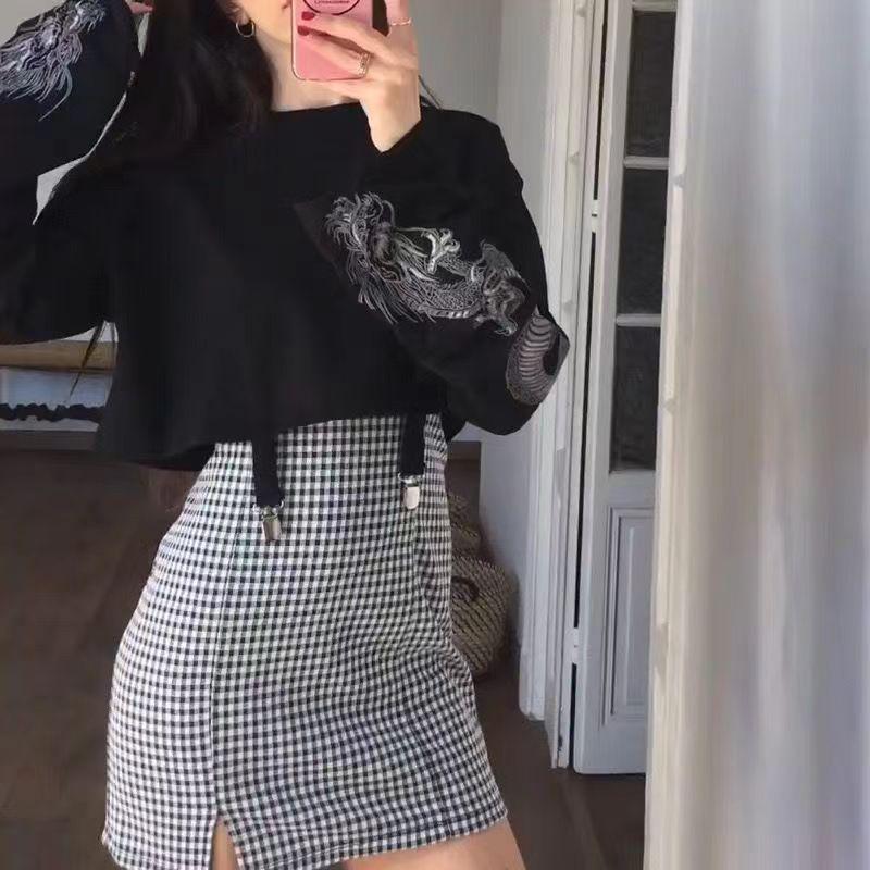 2024 Dark Style Dragon Pattern Women's Crop Top Sweatshirt - Hip Hop Loose Long Sleeve