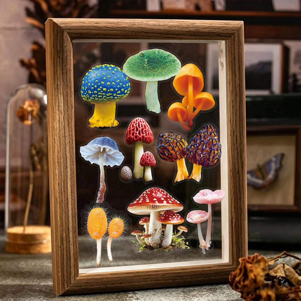 50PCS Waterproof Transparent Mushroom Stickers: Realistic, Colorful PET for DIY Journals and Thermos Cups
