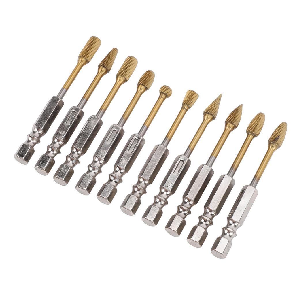 10PCS   Burr Set 1Celsius4 Inch Shank Ti Plated Tungsten Steel Double Cut Burr Bits for Metal Wood Stone Grinding Deburring Carving