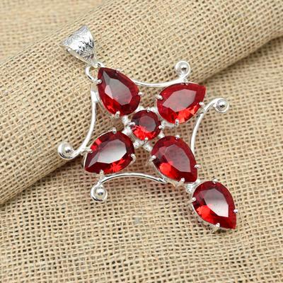 925 Solid Silver Jewelry Red Garnet Gemstone Handmade Cross Pendant Designer Jewelry