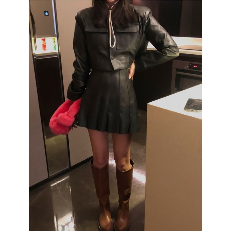Li Tai Yuan Club Cool Fan Fried Street Fancy Retro Small Dress Leather Coat Pleated Skirt Sexy Suit