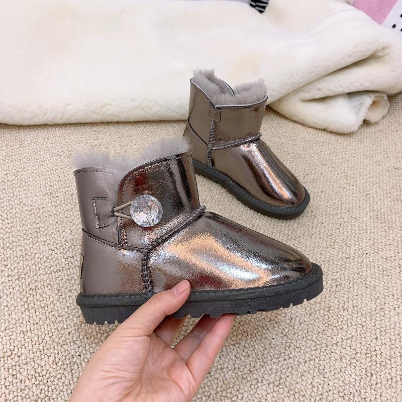 Kinder Lammfell Schneestiefel Low-Top Rindsleder Sohlen Wasserdicht Schmutzabweisend und Rutschfest Baumwollstiefel