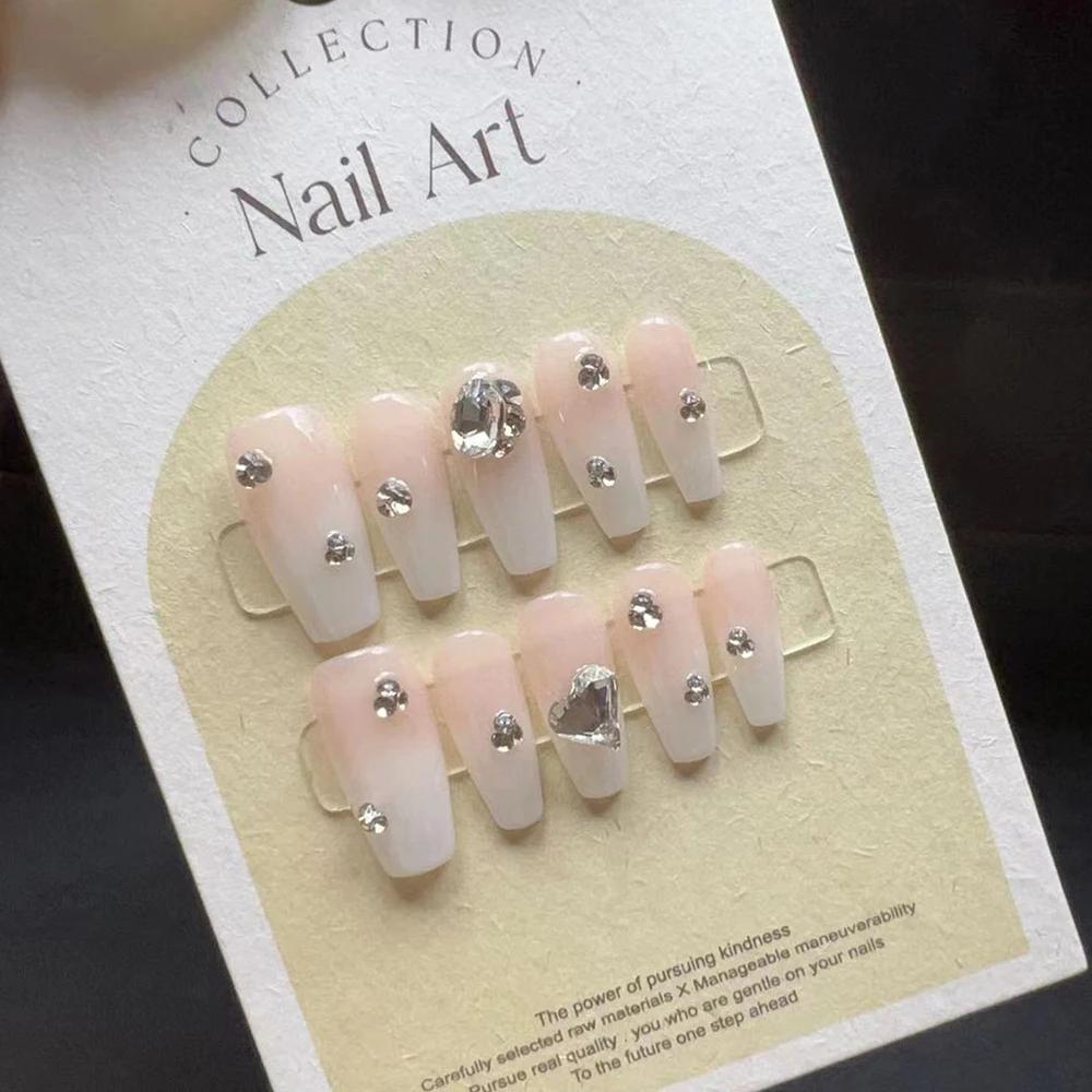 10Pcs Handmade French Gradient Cat Eye Press On Nails With 3D Butterfly Diamond Flowers Long Coffin Almond Shape