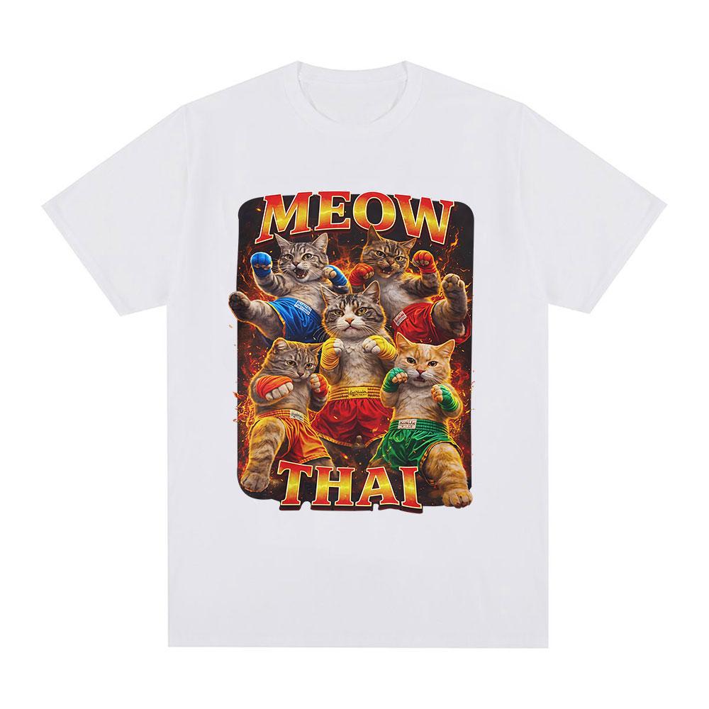 Meow Thai Tshirt Muay Thai Cat Meme Ironic Martial Arts Cat Tshirts Unisexs Women Clothing Fashion Short Sleeves T Shirts S