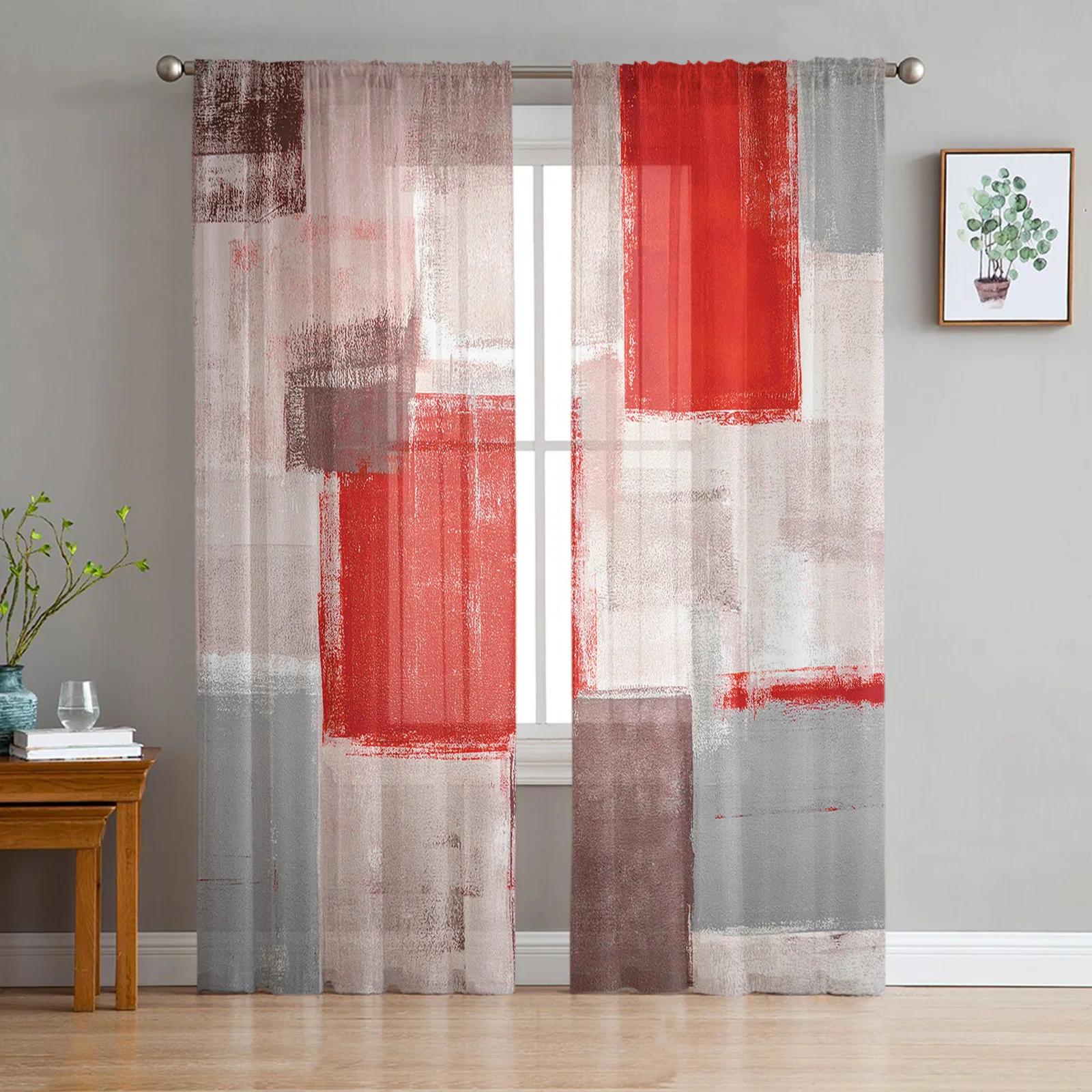 

Crimson Red Grey Pure White Oil Painting Abstract Geometric Transparent Drapes Living Room Ornamentation Window Panel Curtain Cooking Area Netting W135 x H115cm x1&Grommet Top