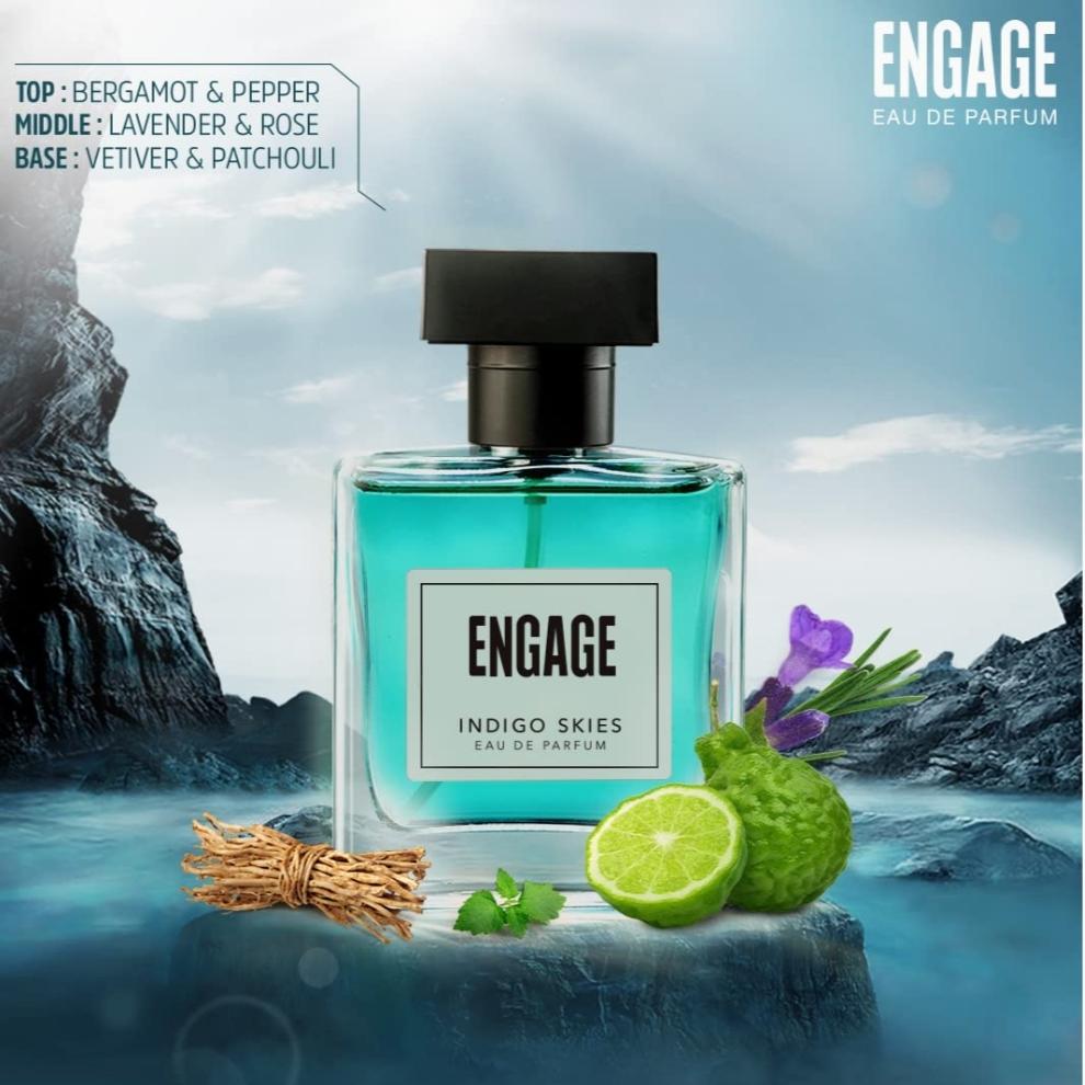 Engage Indigo Skies Parfüm für Männer, lang anhaltend, frisch und erdig, für den täglichen Gebrauch, Geschenk für Männer, kostenloser Tester mit Packung, 100 ml