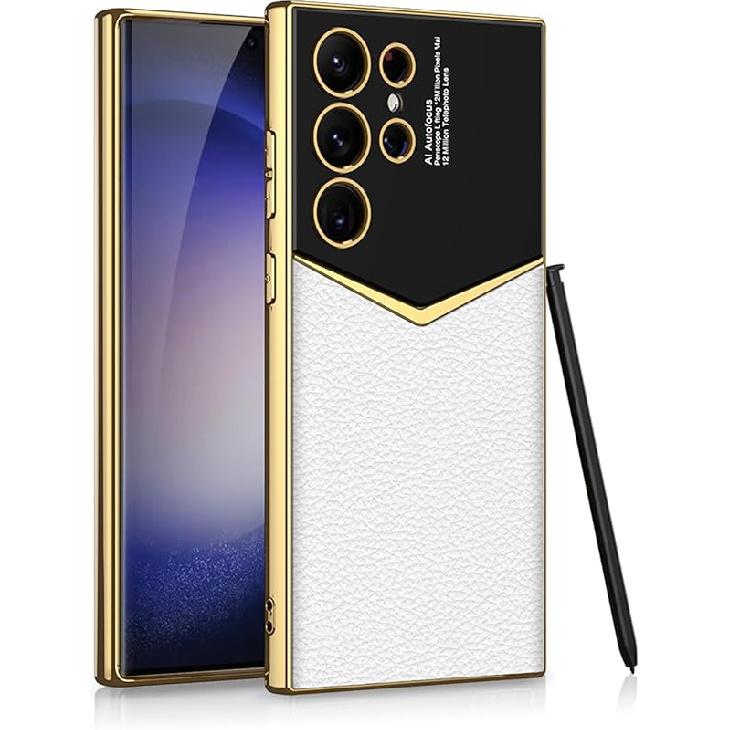Leather Case for Samsung Galaxy S24 Ultra with Electroplated Frame, Vintage Luxury PU Non-Slip Grip Shockproof Full Body Protective Cover Phone Cases