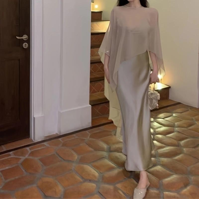 Asymmetric Tulle Cloak Strap Dress V Neck Satin Dress