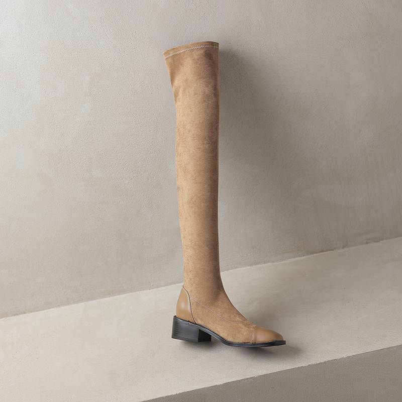 Krazing Pot Flock Autumn Winter Shoes Thick Heels Size 43 Long Boots Apricot Patch Work Stretch Over-the-knee Boots