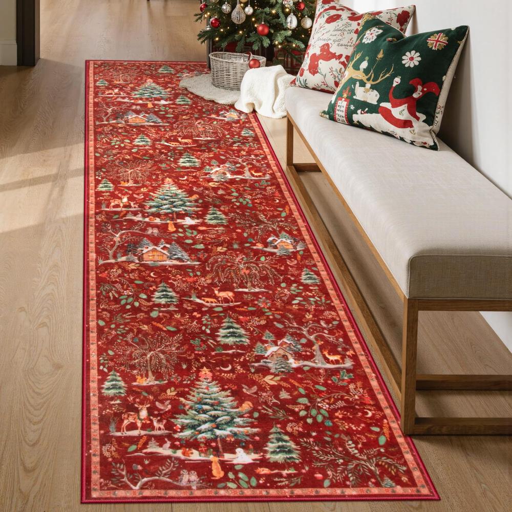 VIKAMA Christmas Corridor Rug Non-slip Soft Runner Kitchen Rug Bedside Rug for Bedroom Festive Winter Home Decor