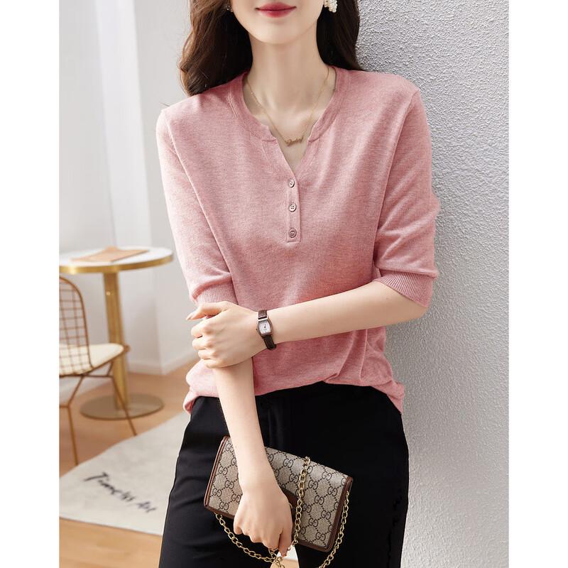 Demana Women's Lamb Wool Blend Half-Sleeve Placket Knit Top