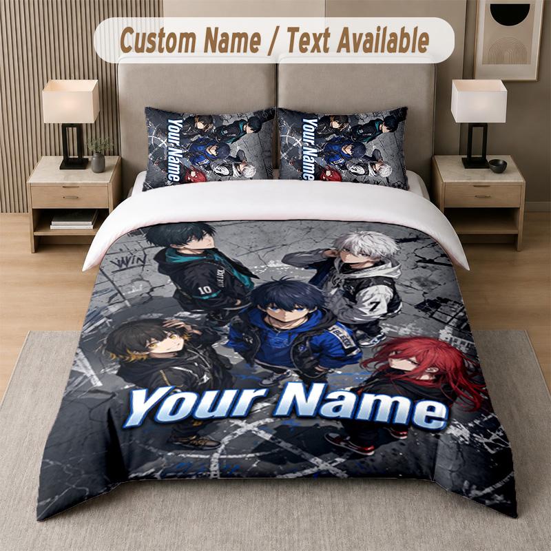 Blue Lock 3Pcs Bedding Set, Personalized Custom Name Text, 1 Duvet Cover & 2 Pillowcases For Bedroom