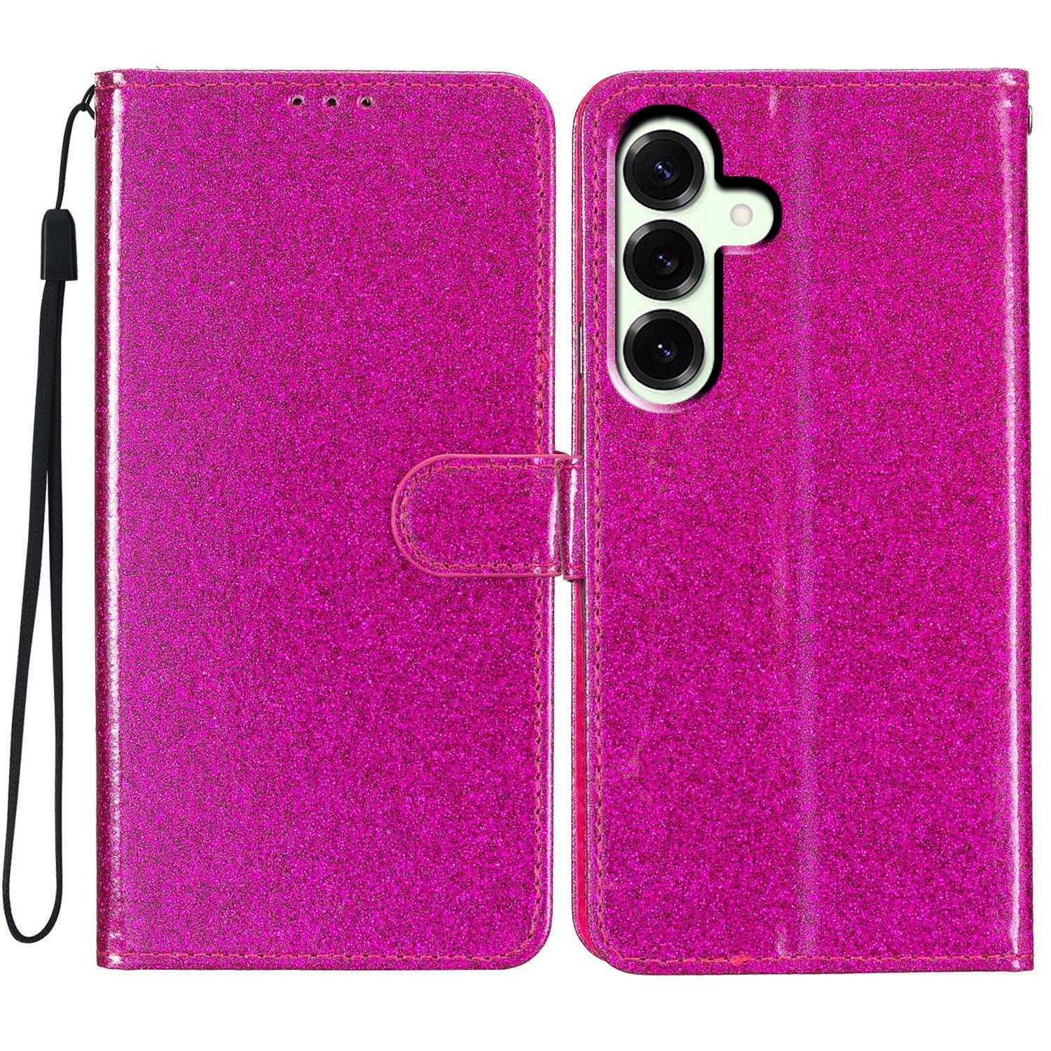 

For Samsung Galaxy A17 Wallet Case Glitter Anti-Scratch Leather Stand Phone Cover with Strap Rose