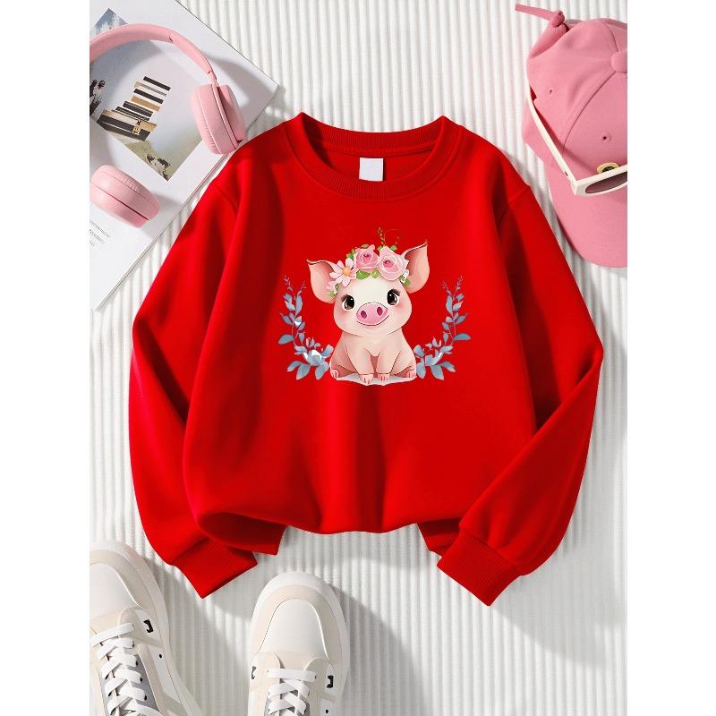 Girls' Crewneck Sweatshirt Cute Pig with Flower Crown And Leaves Machine Washable, Spring And Autumn