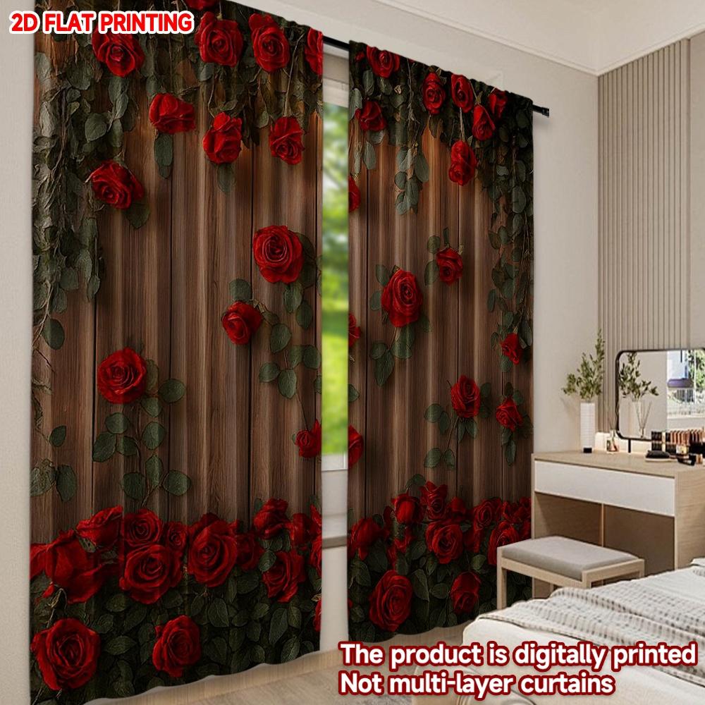 Set Of 2 Flat Printing Happy Valentine Day Drapes Theme Roses Digital Printed Polyester Festive Wall Curtains Made