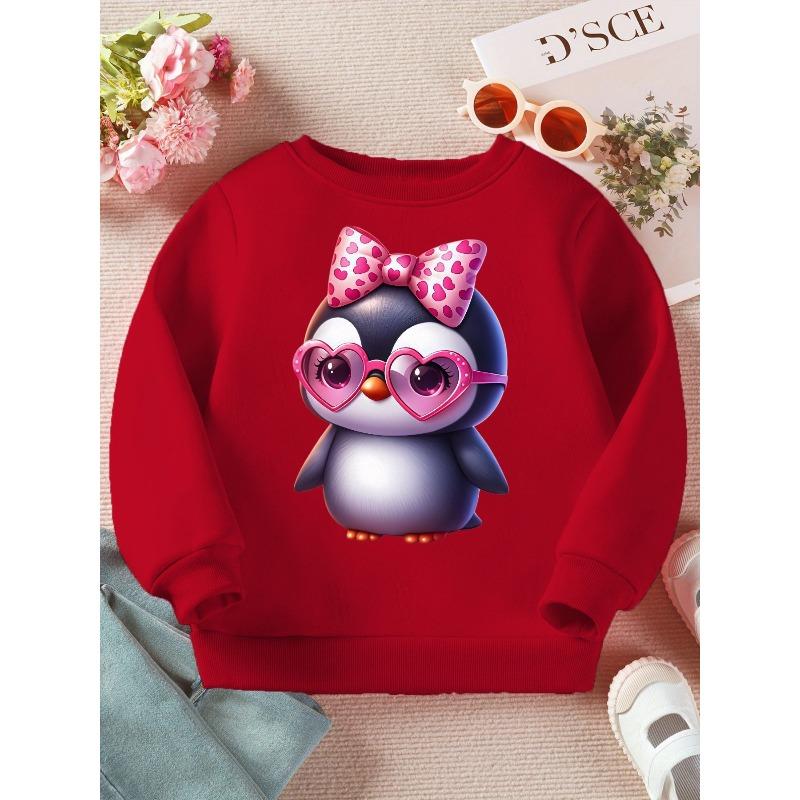 Kids Crewneck Long Sleeve Sweatshirt, Cute Cartoon Penguin with Pink Heart Glasses & Bow Print