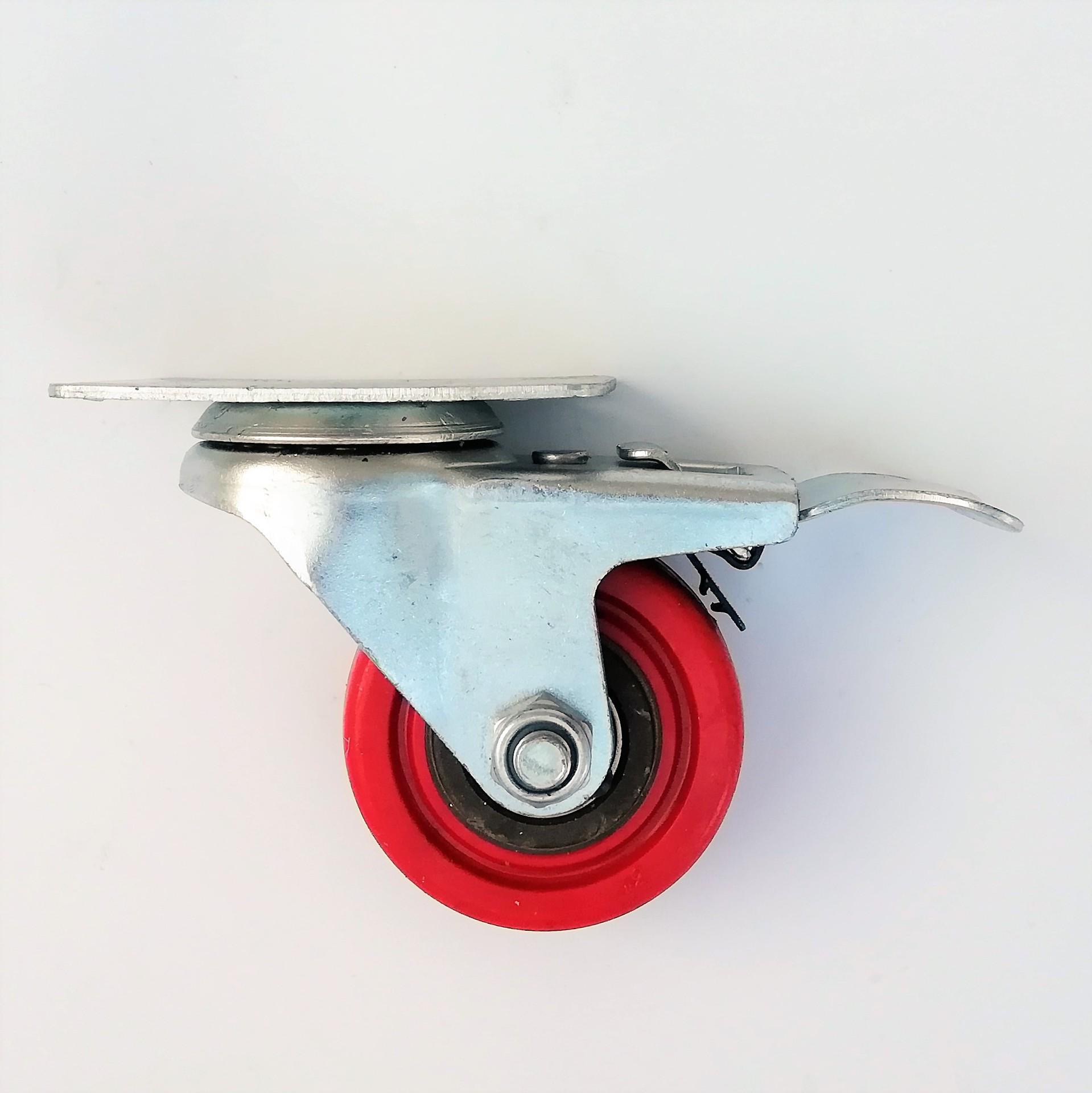 Red Medium PVC Swivel Caster Wheel with Fully Enclosed Brake and Flat Plate Attachment. 3-inch full cover, flat plate brake