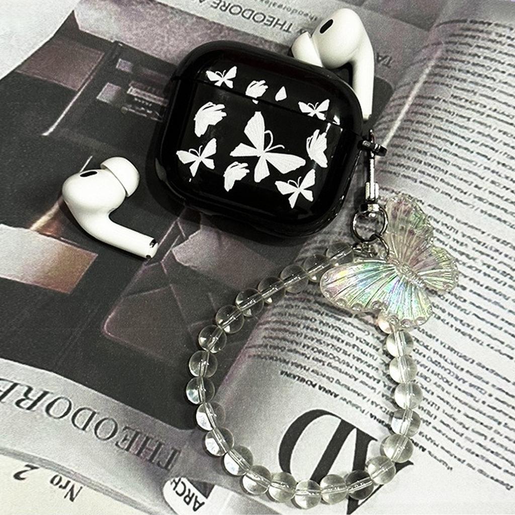 White butterfly, crystal chain, suitable for Apple 1/1 generation Pro full series Bluetooth headset butterfly black case cover