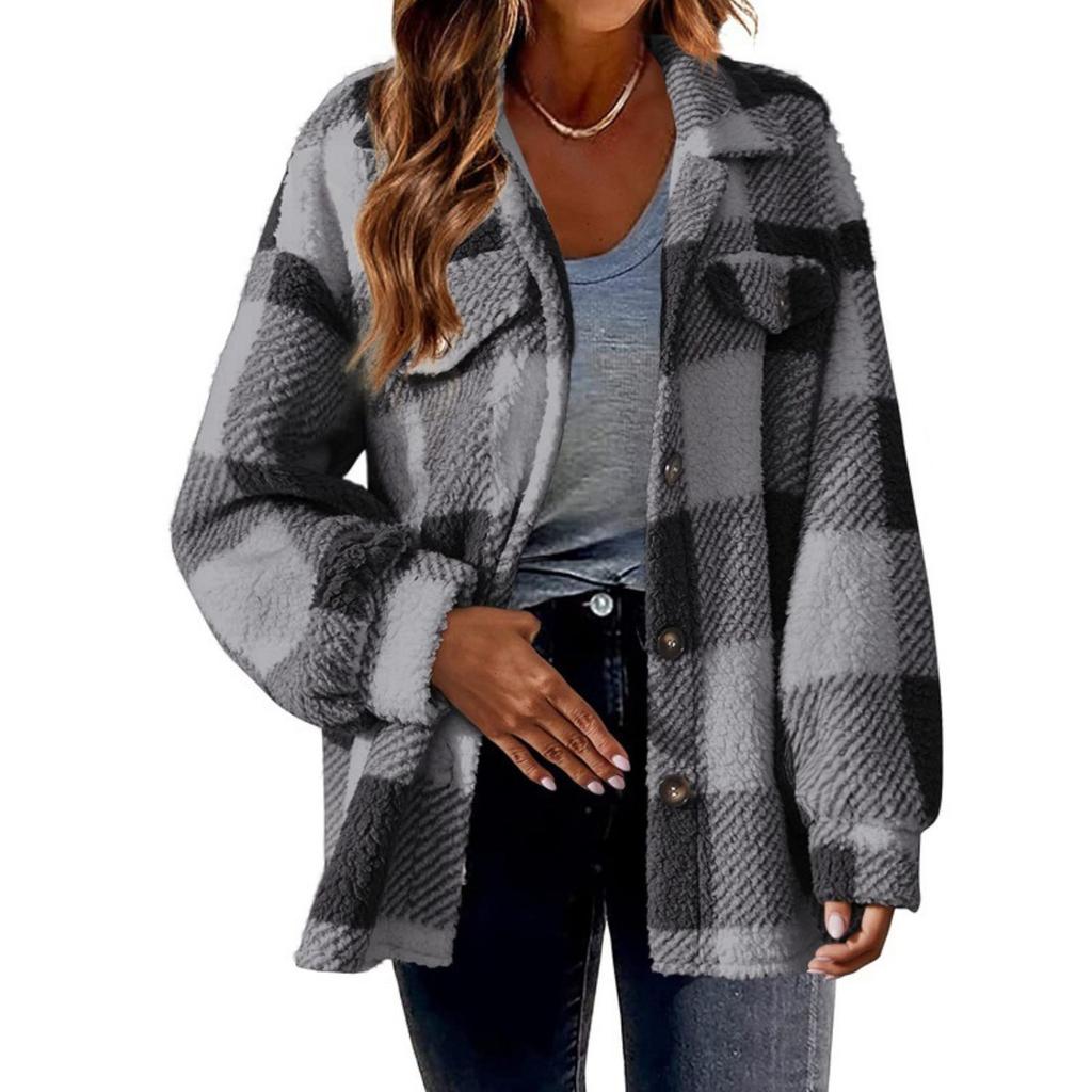 Damen WendeKragen Langarm Jacke Lockerer Sitz Kariert Fleece Shacket Knopfleiste Flanell Mantel