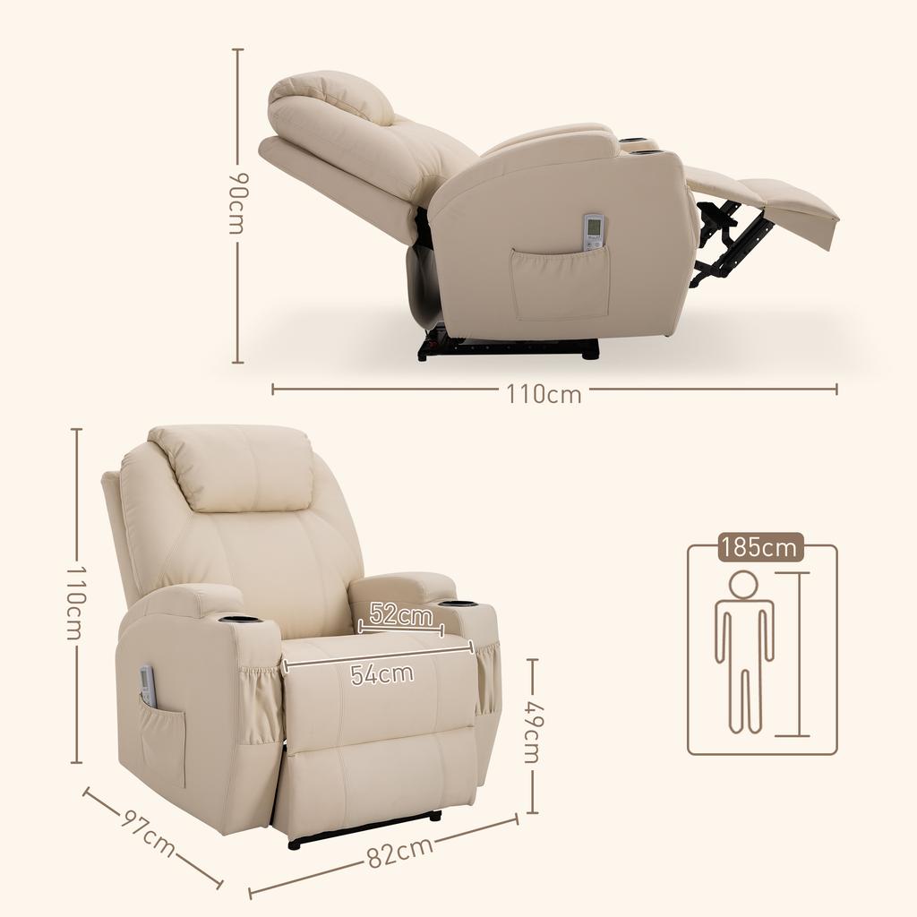 Luxury Reclining And Massage Armchair Electric Footrest Synthetic Leather Cream