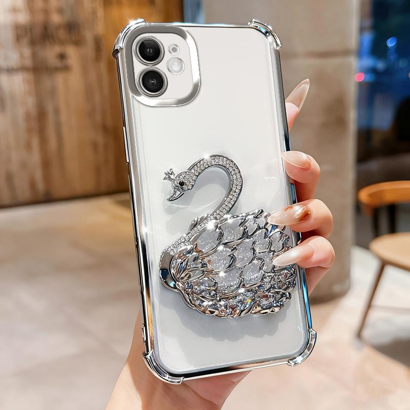 KEYSION Shockproof Plating Phone Case for iPhone 11 12 Pro Max Clear TPU Glitter Jewelled Swan kickstand Back Cover for iPhone 11