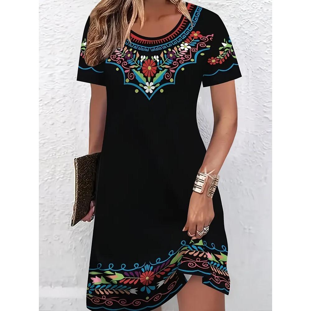 Creative Retro Colorful Flowers Patterns Women Mini Dresses Summer Short Sleeve Printed Plus Size Casual Comfortable Soft Dress