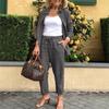 Retro Cropped Linen Harem Pants Set with Belt - Loose Fit, Solid Color