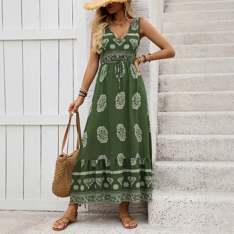 New holiday style print dress green ethnic style casual V-neck high waist long dress women s clothing S