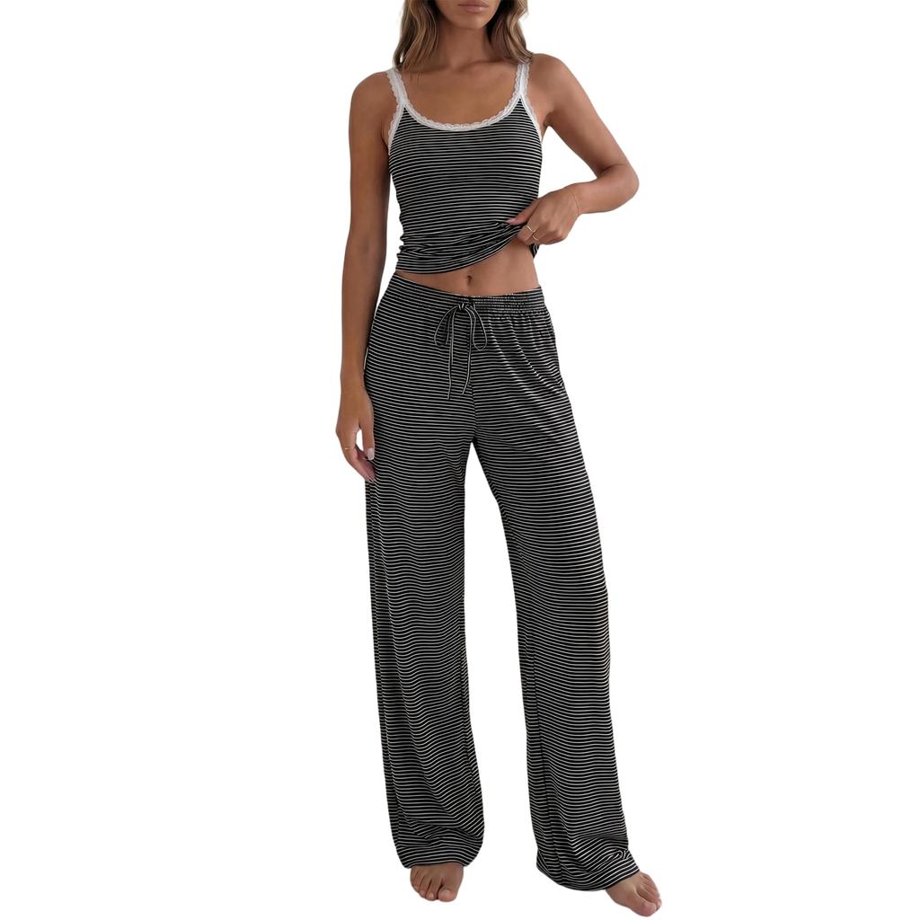 Women Sleeveless Tank Top and Wide Leg Pants Set Casual Lounge Pajama Set with Adjustable Waistband and Relaxed Fit for Home and Sleepwear