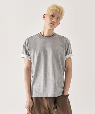 KIIMUIR [Crop] Contrast Roll-Up Crop Short Sleeve T-Shirt_Melange Gray