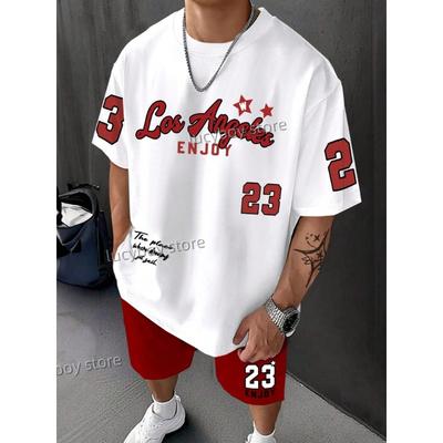 LOSANGLES NO.23 Print Men'S Summer Casual Short Sleeve T-Shirt Shorts Set Adult Basketball JoggingOversized 2 Piece Set Clothes