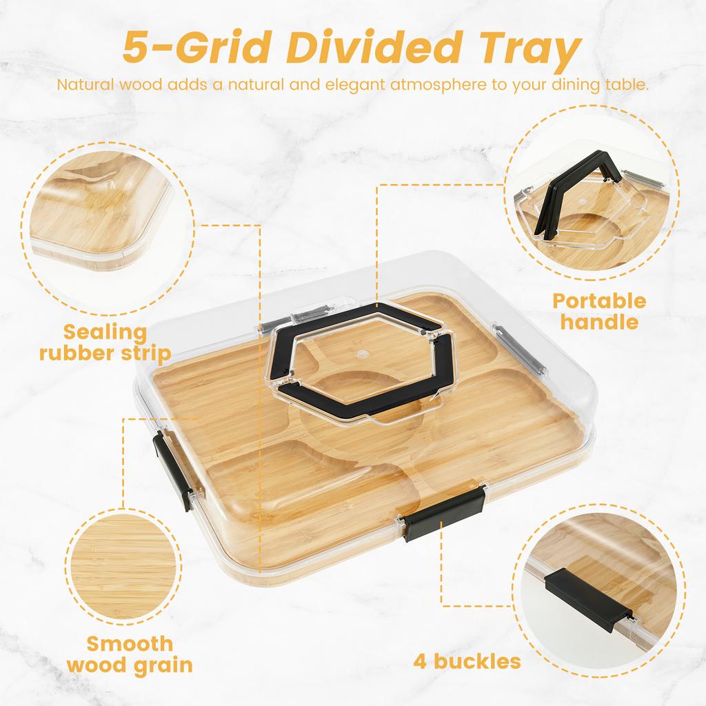 5/6 Grids Wooden Charcuterie Board with Clear Lid Portable Cheese Board Box with handle Snack Fruit Tray Outdoor Ccamping pinnic