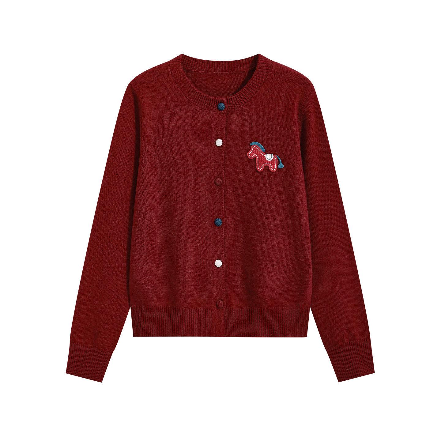 

Elegant Red Cartoon Horse Embroidered Knit Sweater for Women XL красный