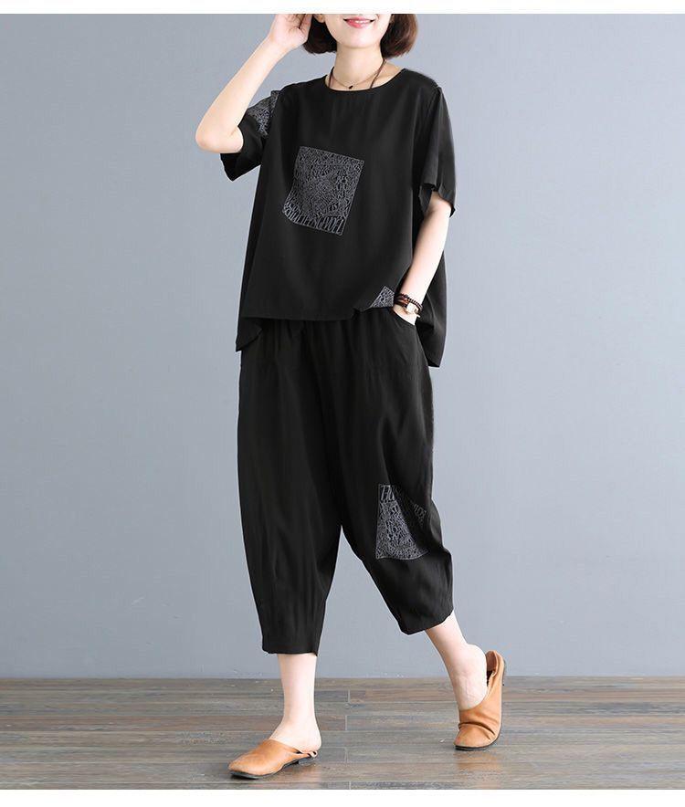 2025 Casual Plus-Size Summer Two-Piece Set: Loose Short-Sleeved Top & Trousers