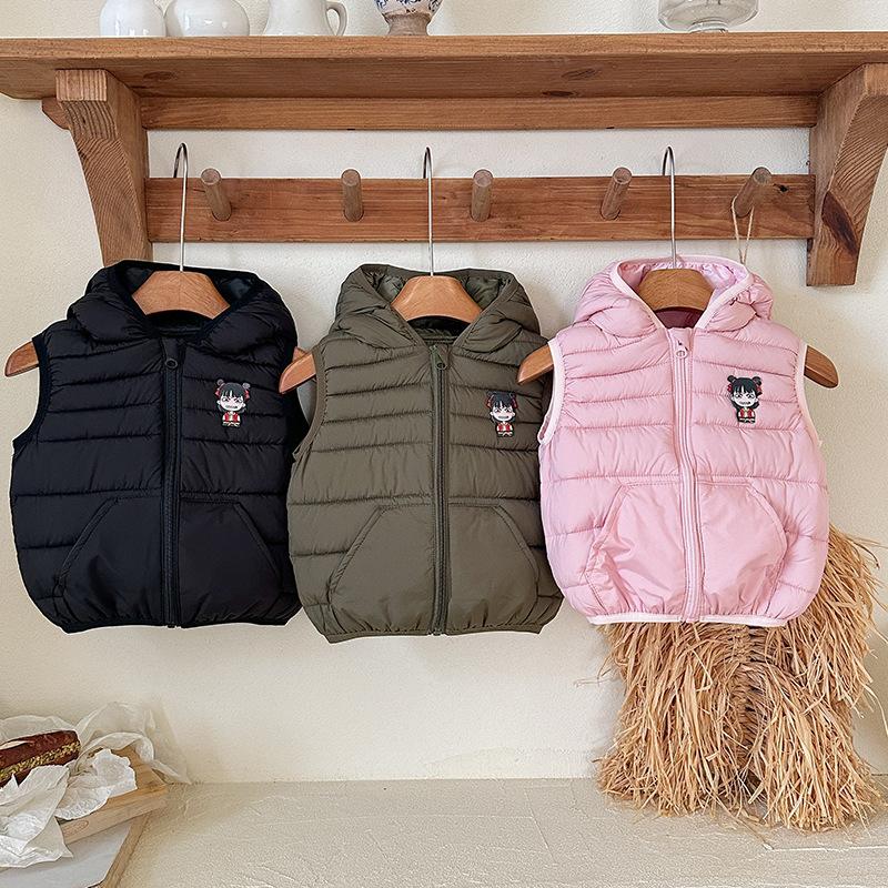 Nové dětské oblečení s kapucí a kreslenými uši, lehká bavlněná vesta, dětská bezrukávová bunda, kabát pro chlapce a dívky