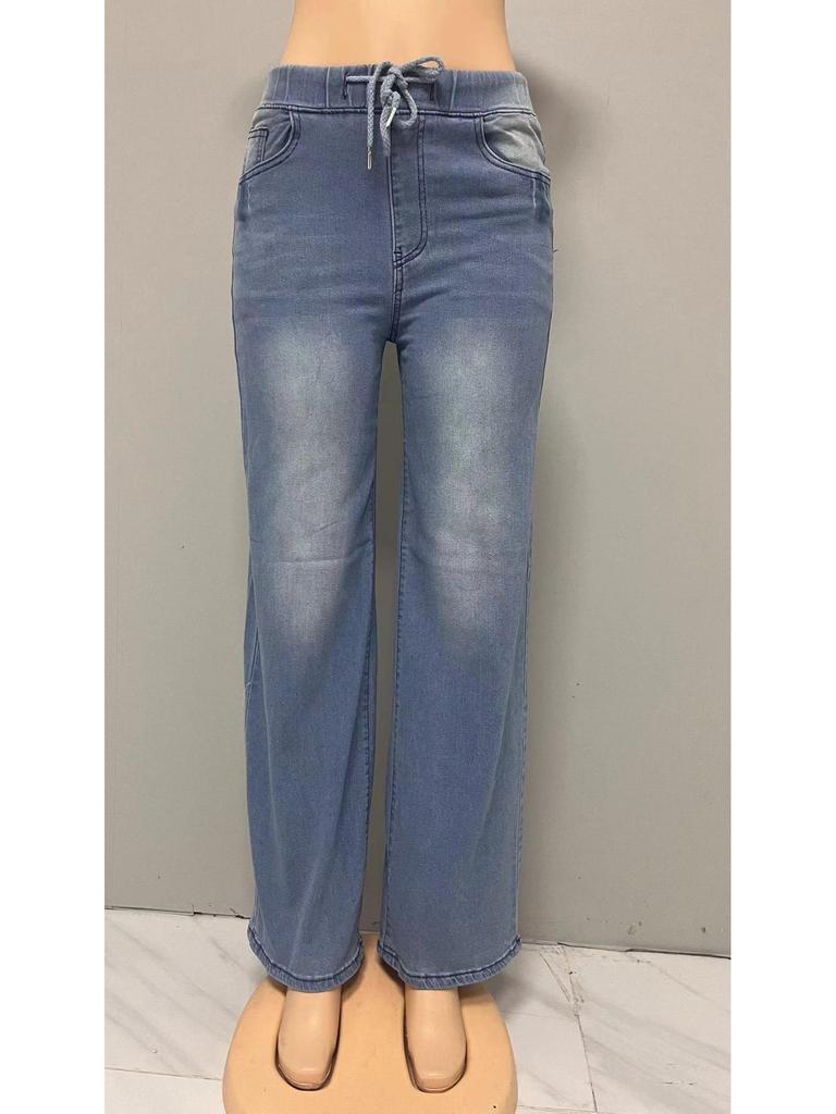 High Waist Light Blue Women's Wide Leg Drawstring Denim Jeans
