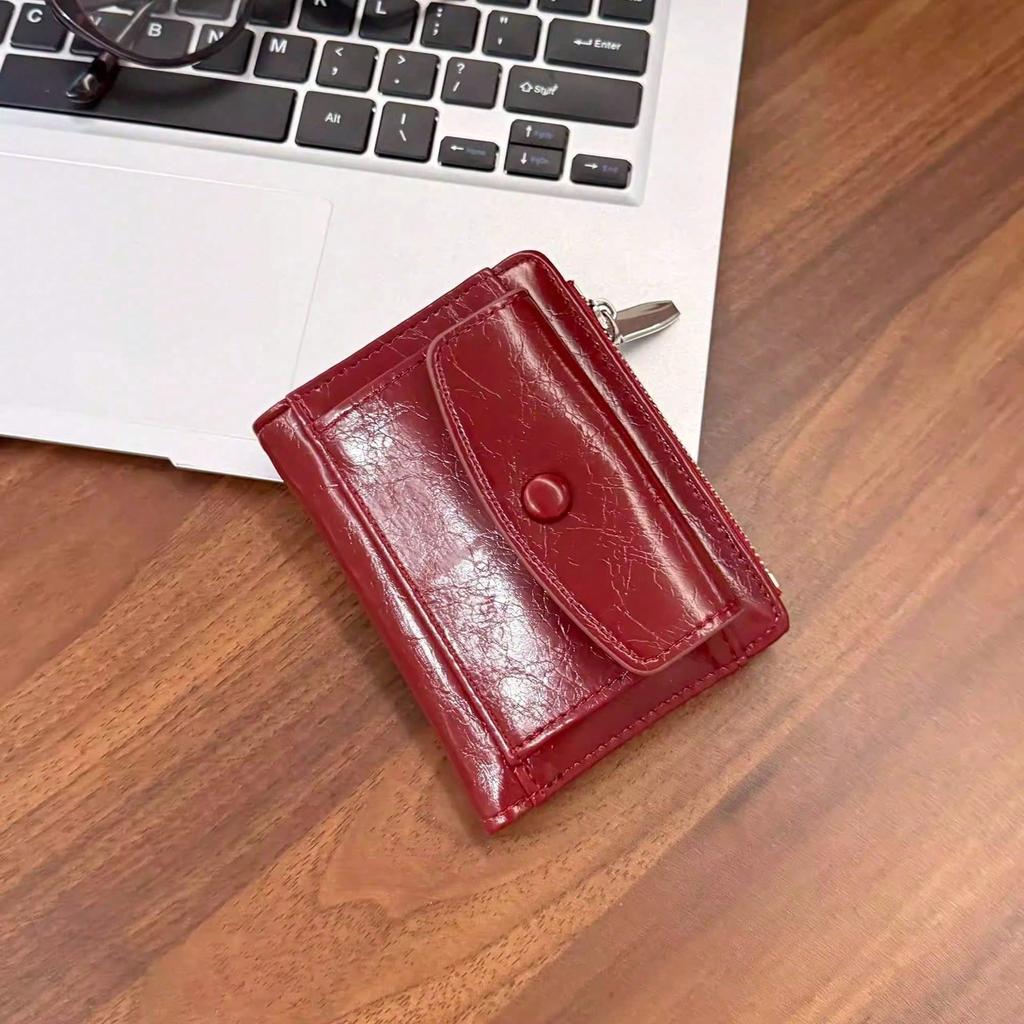 Retro oil wax leather red short wallet women's multi-card card bag student zipper multi-function wallet card holder New Year