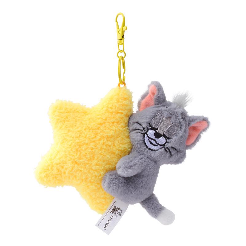 Cat and Mouse Under Moon and Stars Plush Pendant - Cute Starry Sky Keychain Charm