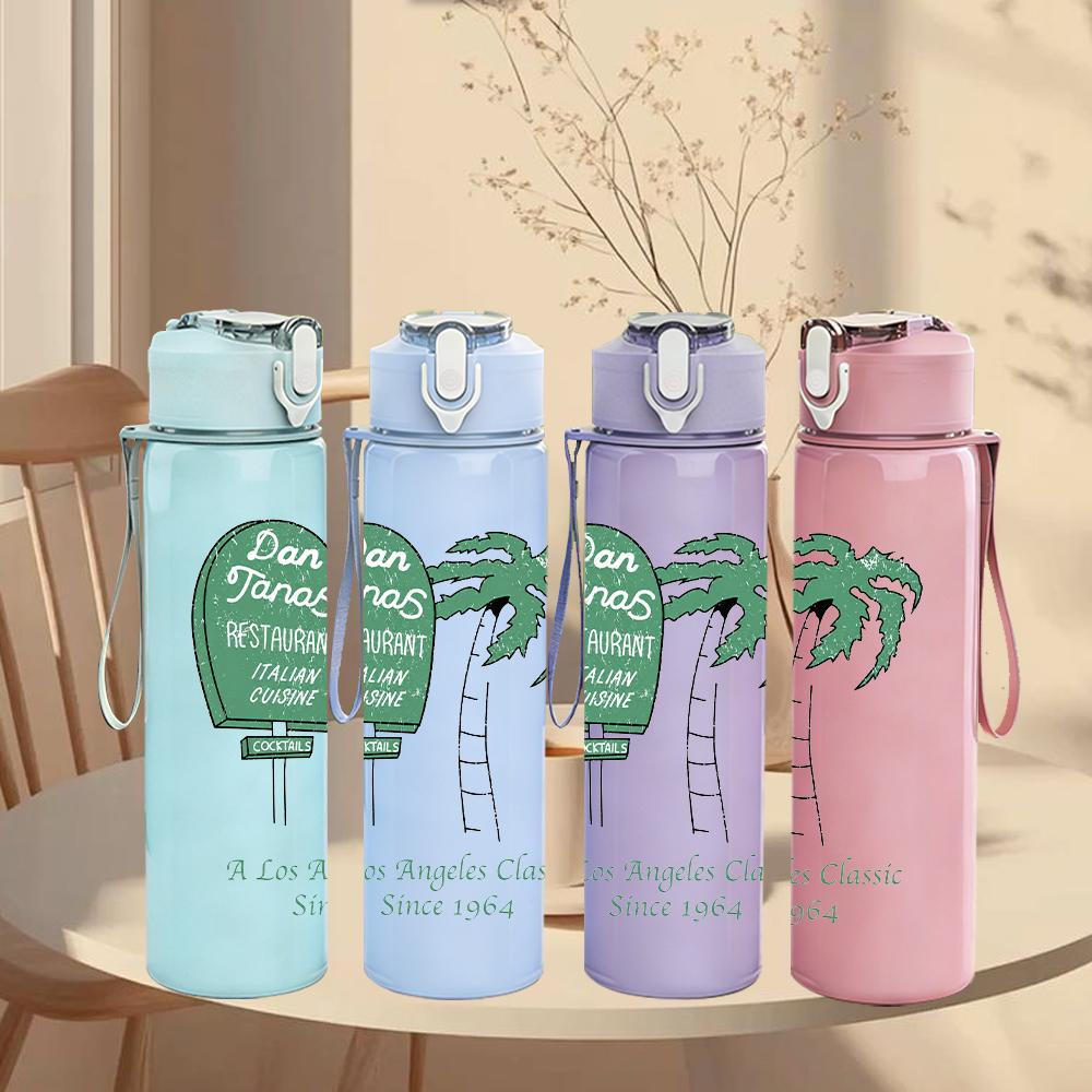 1PC Palm Tree Green Minimalist Landscape Print 750ml colorful plastic sports water bottle leakproof pop up lid with straw for outdoor work home use