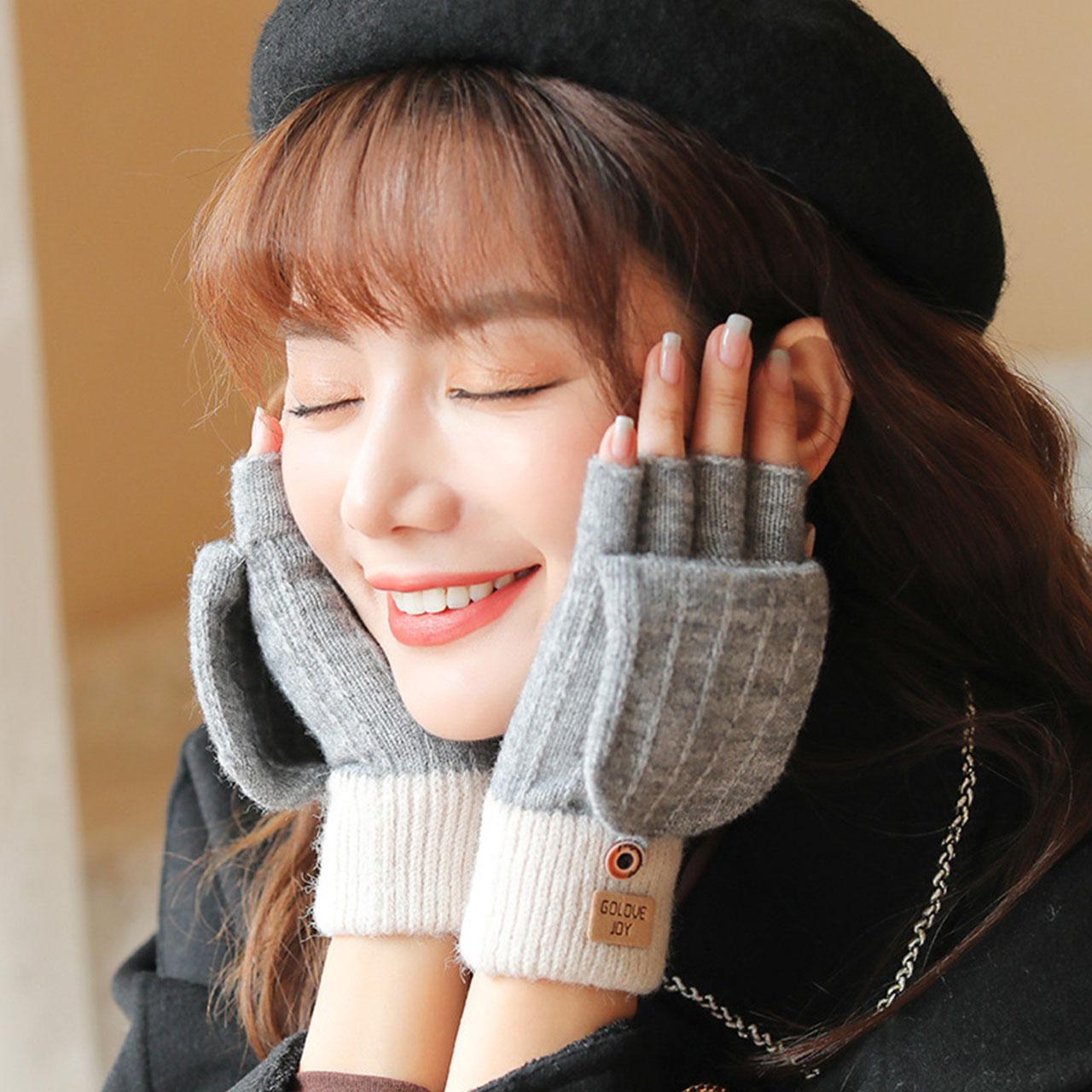 

Women Winter Knitted Flip Fingerless Gloves Soft Thicken Warm Color Blocked Half Finger Mittens Korean Girl Touch Screen Glove хакі