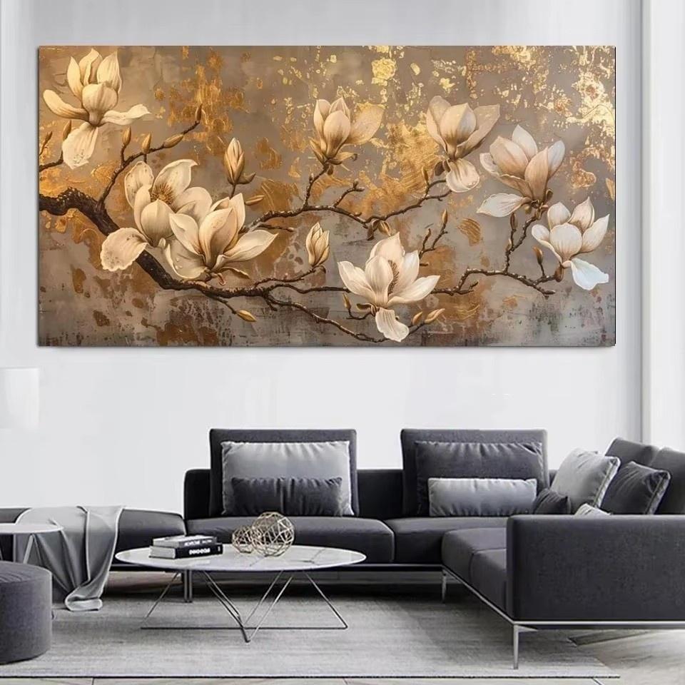 Modern Golden Flower Pattern Canvas Painting Art for Living Room Modern Canvas Poster for Bedroom and Living Room Decoration