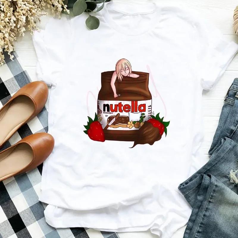T-shirt Damski Nutella Z Nadrukiem Moda Harajuku Koszulka Dziewczęca Codzienna Biały Top T Shirt Najnowszy Letni Damski T-shirt Ubrania