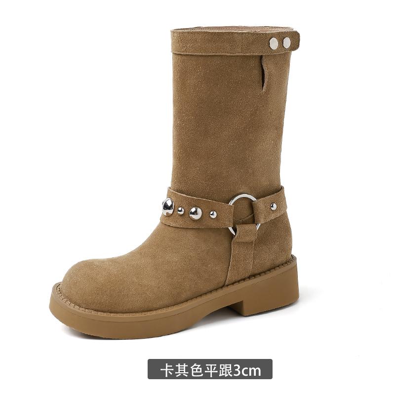 

Ghosn has the same thick heel Martin boots for women s 2025 new western stacking boots, metal buckle versatile thick-soled round head short boots. 40 хаки