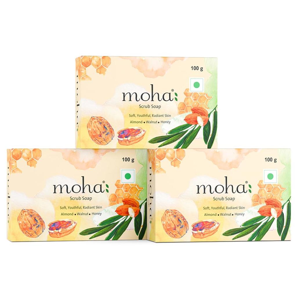MOHA Honey Almond Scrub Soap With Walnut Exfoliation Hydrating Herbal Bar For Face Body 100 G X Pack Of 3