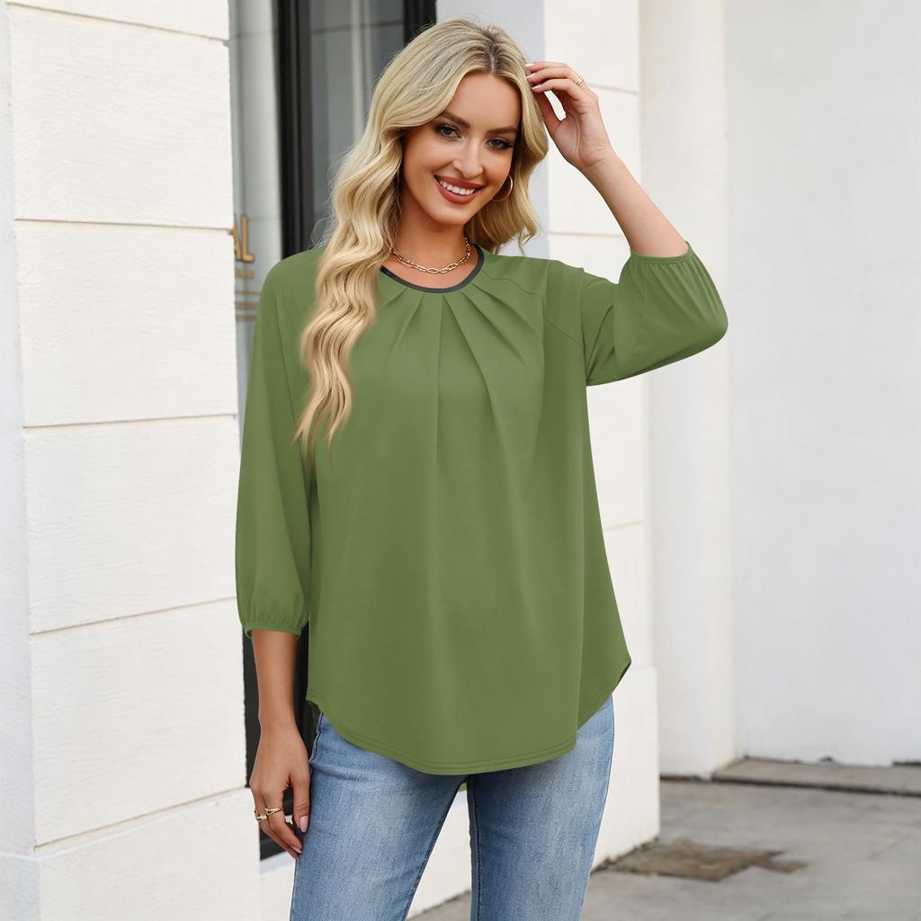 Women's 3/4 Sleeve Round Neck Pleated T-Shirt Top Lightweight Soft Fabric Comfortable Fit Casual Wear