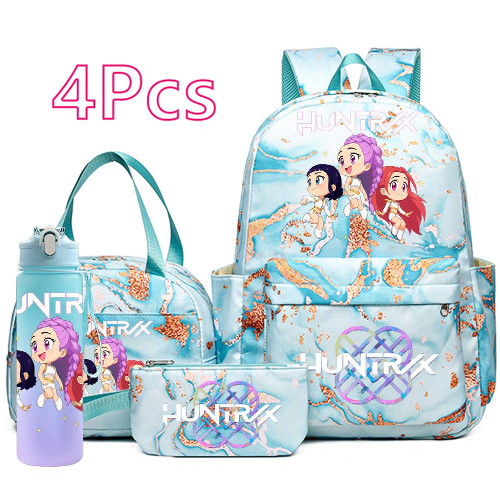 4Pcs/set Cartoon K-Pop Demon Hunters Printed Backpack Handbag Pencil Case with 750Ml Water Bottler for Teenager Boy Girl Large Capacity Schoolbag