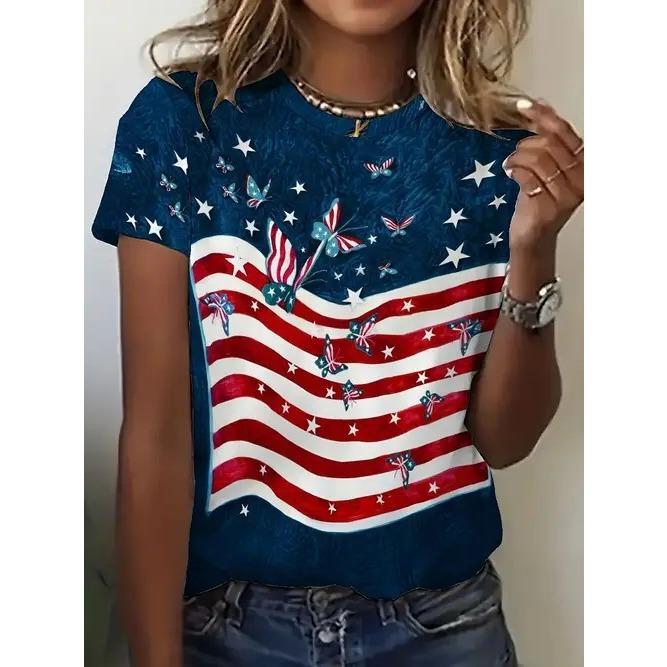 Summer Round Neck American Flag Theme Pattern 3D Print Top Fashionable Casual Short Sleeved Women's T-shirts