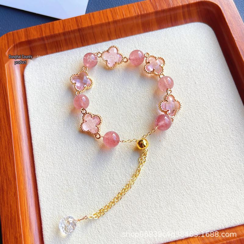 Bracelet Tour de Cristal Jaune Citrine Naturelle avec Motif Trèfle à Quatre Feuilles - Cadeau Luxe Léger Automne/Hiver pour Femmes