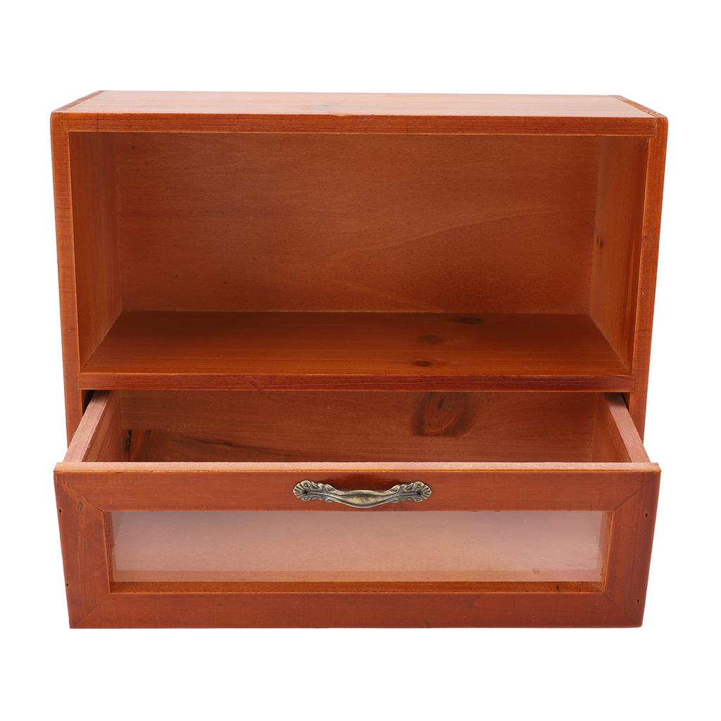 Organizzatore da Tavolo Vintage in Legno Massiccio Vetrina da Scrivania Scatola Portaoggetti con Cassetto Trasparente per