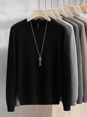 Herren Rundhals-Pullover Herbst und Winter Große Größe Locker Gestrickter Pullover Einfarbig Inneres Langarm-Unterhemd Warmhalten Top